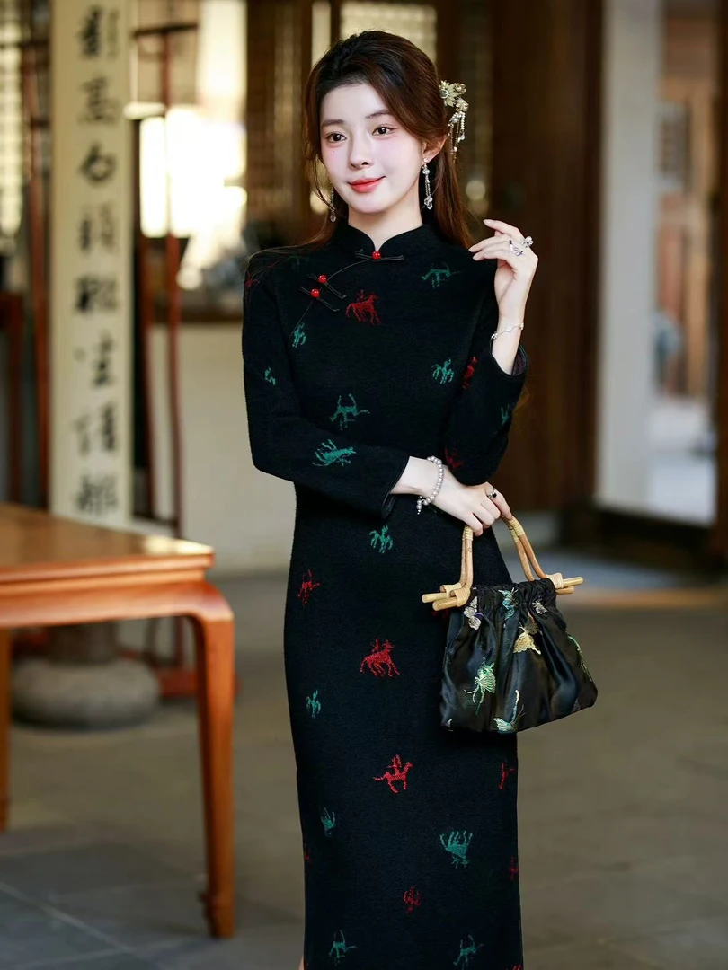 苏州高端【保罗骑马】裙长120CM包袖厚款低领旗袍加厚秋冬气质显瘦