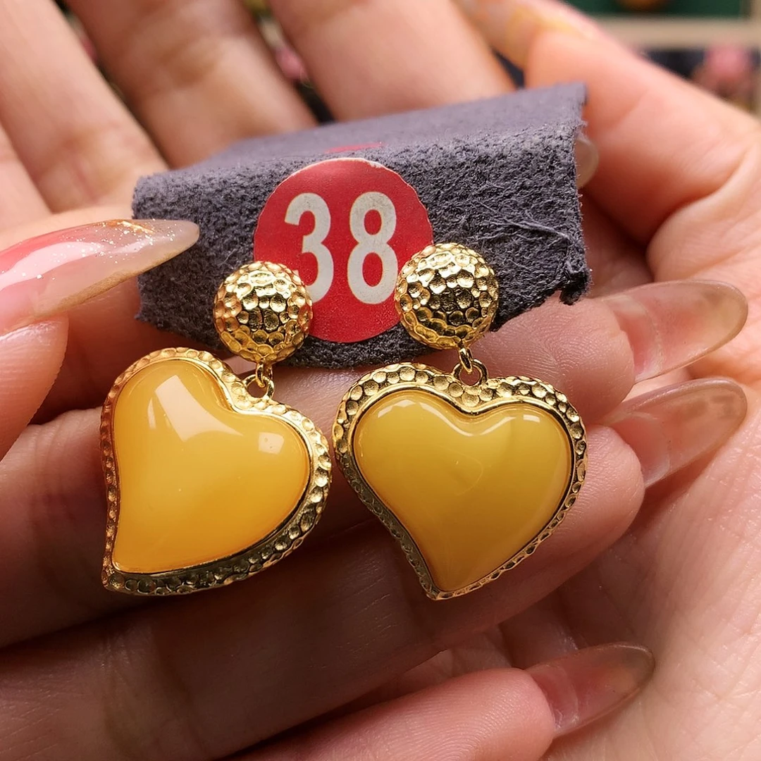 蜜蜡耳饰银S925镶嵌耳钉