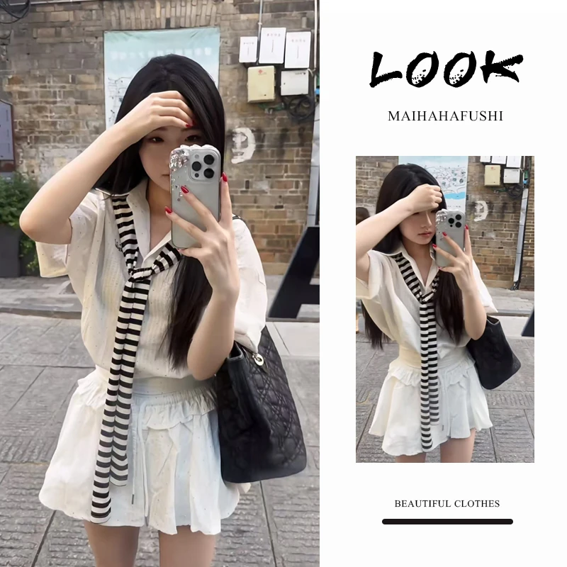 夏季时尚一整套女装2025新款POLO领短袖衬衫条纹披肩短裙三件套