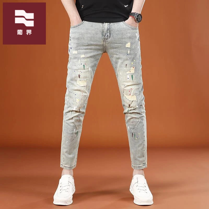 潮牌高端印花破洞九分牛仔裤男秋季男装修身小脚弹力男士9分裤子