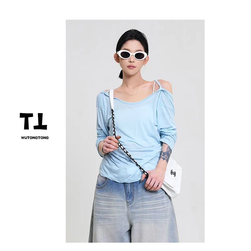 吴童童【烟晓】夏季一字肩长袖T恤衫女百搭防晒衫62074