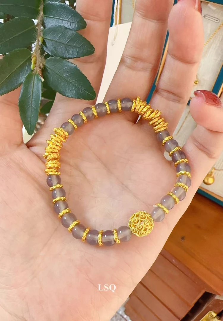 铜合金合成锆石手链 SQ思岐新中式-镂空花球盘缠灰珠手链5849