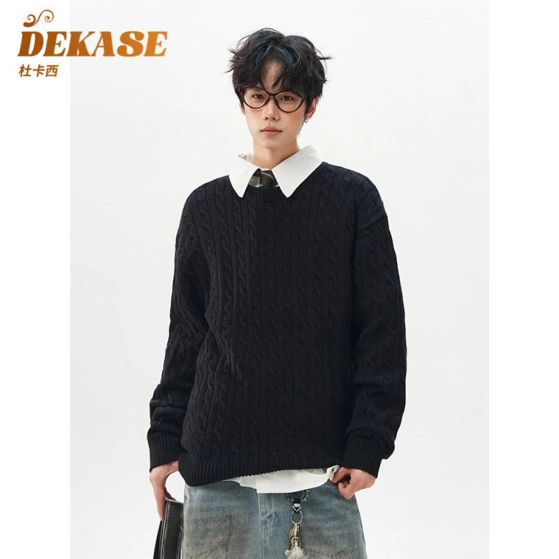 Dekase 麻花复古保暖针织圆领毛衣宽松百搭高级感时尚休闲毛衣男