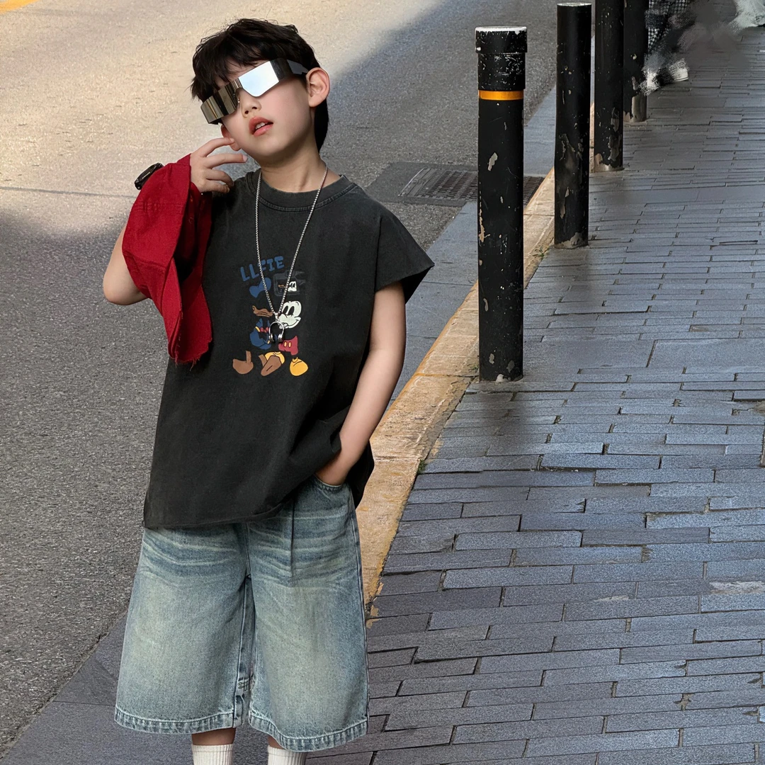 2025夏季新款儿童韩版炒洗卡通坎肩背心男童韩版时尚无袖T恤
