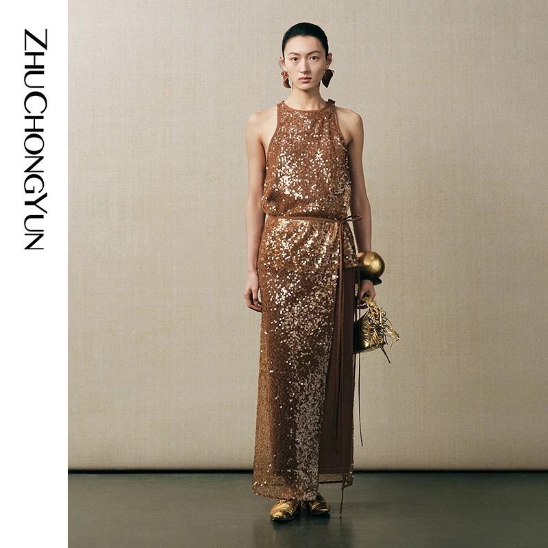ZHUCHONGYUN2025秋新款亮片刺绣双层A型背心C1FZ30021