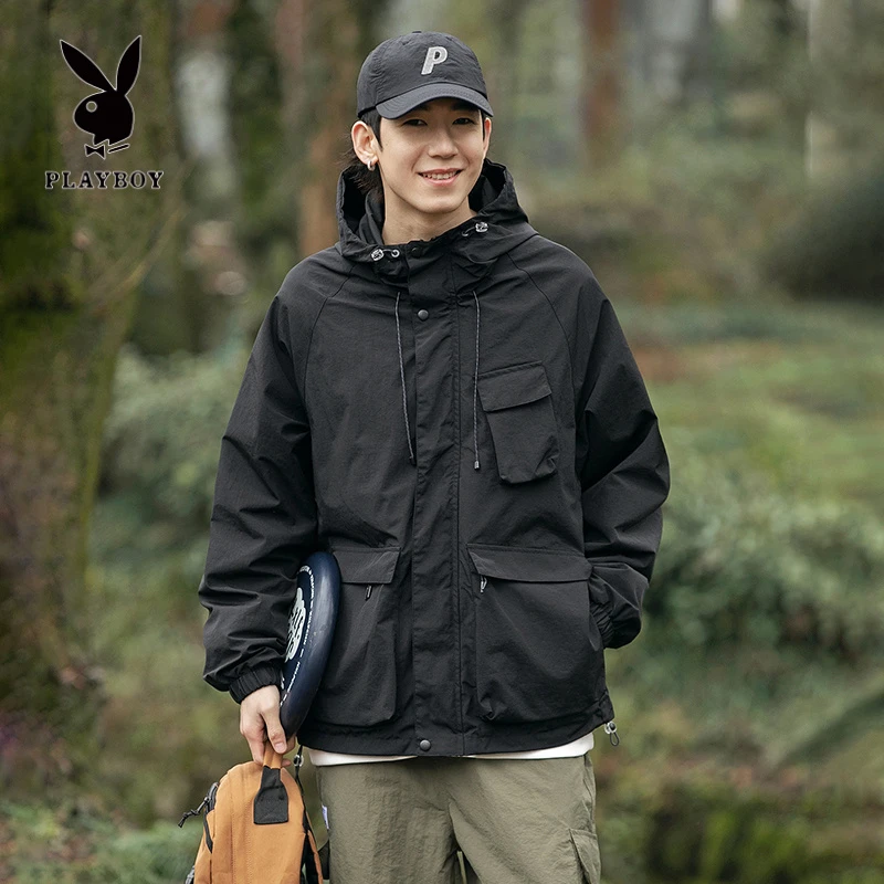 花花公子重磅工装机能风冲锋衣男士秋季宽松三防休闲运动夹克外套
