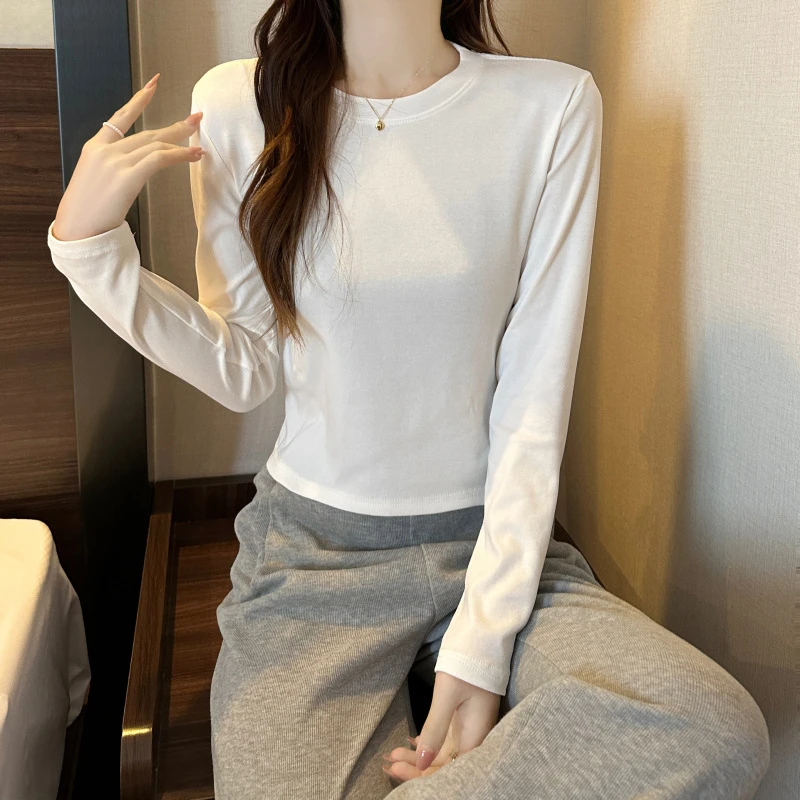 小个子专属】短款正肩长袖T恤女秋季圆领内搭高腰显瘦打底衫女上