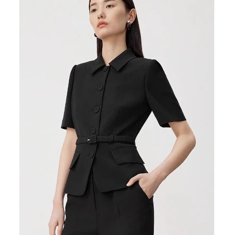 朗Z 2025夏季休闲时尚新款三醋酸短袖翻领西装外套职业系带西服女