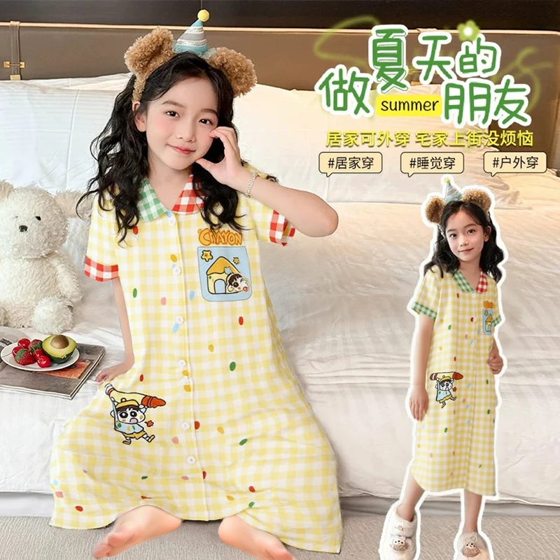 女童夏季纯棉短袖开衫薄款睡衣夏天可外穿女孩亲子家居睡裙