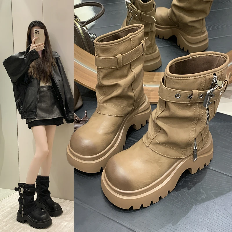 2025秋新款7cm内增高靴子厚底高跟裤管靴百搭松糕短靴马丁靴单靴