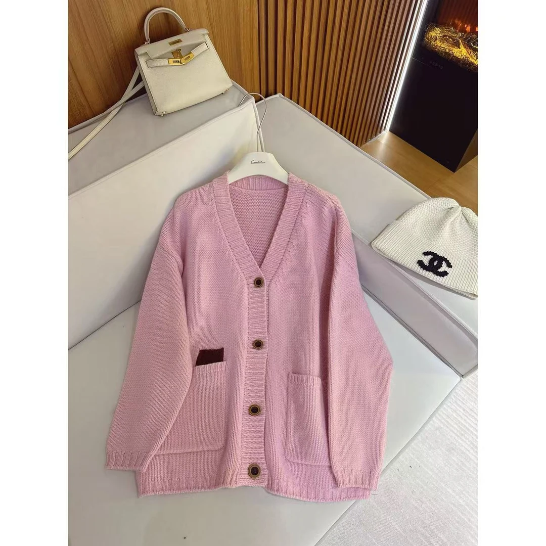 CANTIILAR 小众设计师款100全毛粉色V领开衫8955