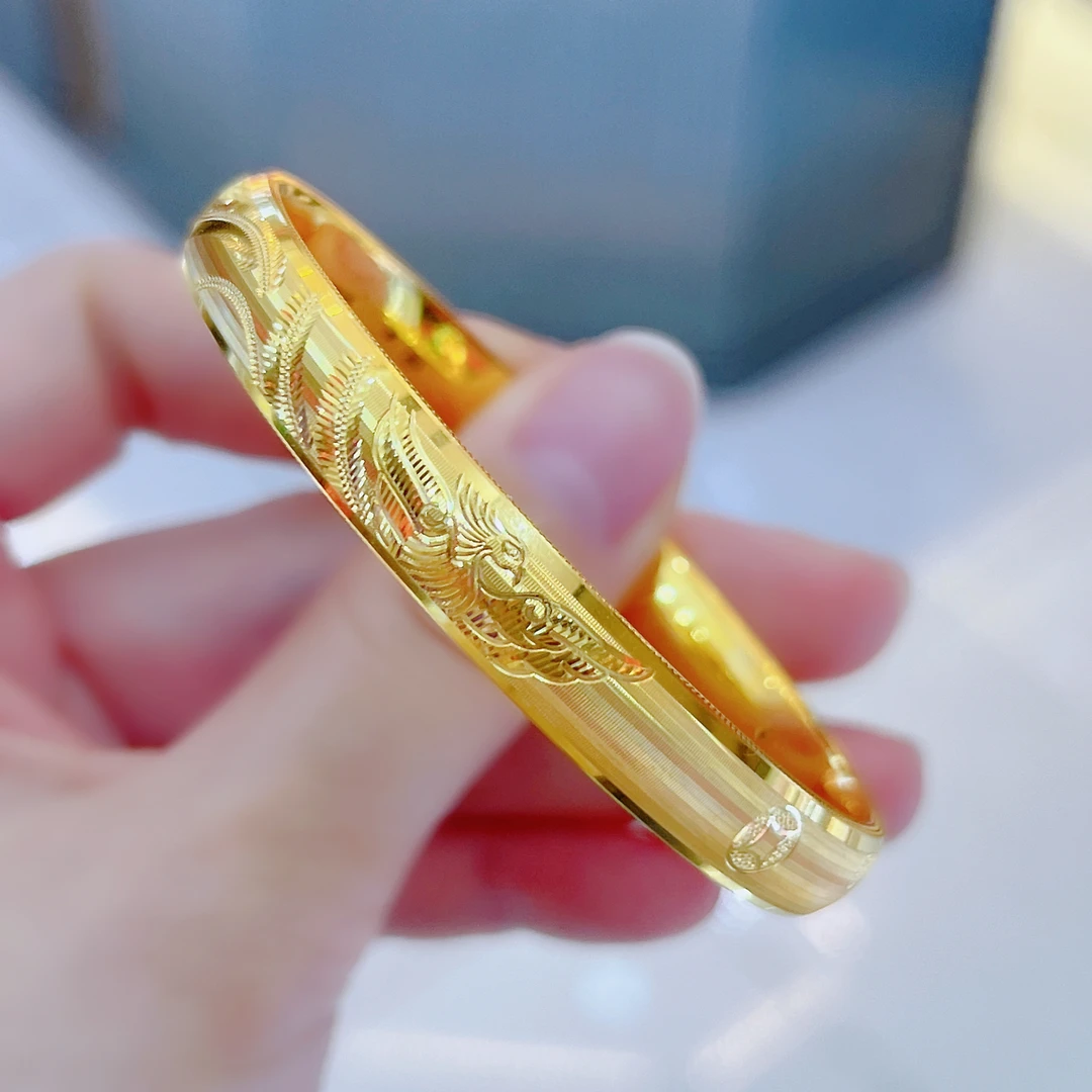 足金999 宽版龙凤呈祥车花手镯8mm面宽