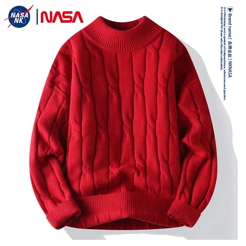 NASA联名本命年半高领毛衣男士秋冬季宽松保暖休闲麻花打底针织衫