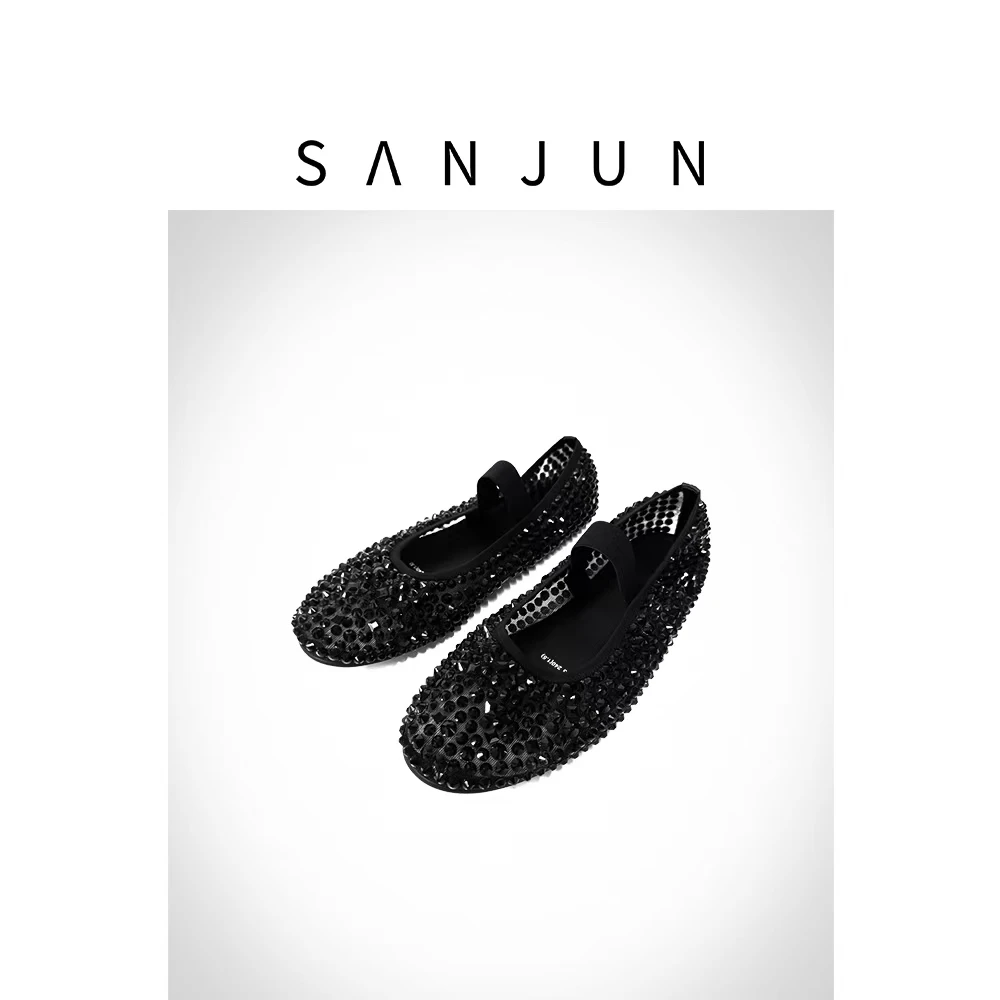 SanJun定制款牛皮黑钻网纱平底圆头一字扣带玛丽珍鞋 881 - 23