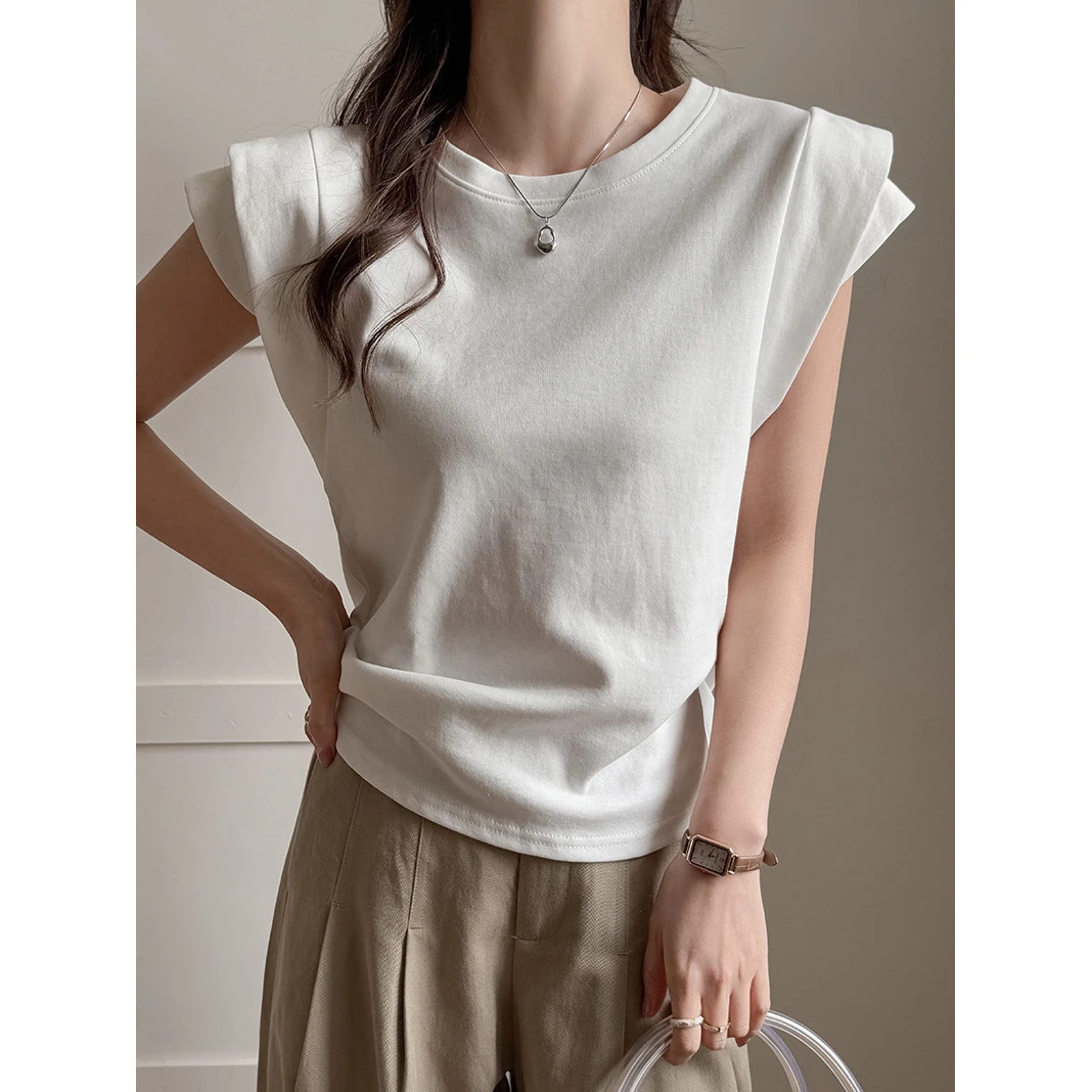 圆领双肩显瘦高级感正肩短袖t恤女休闲百搭宽松无袖上衣显肩宽T恤