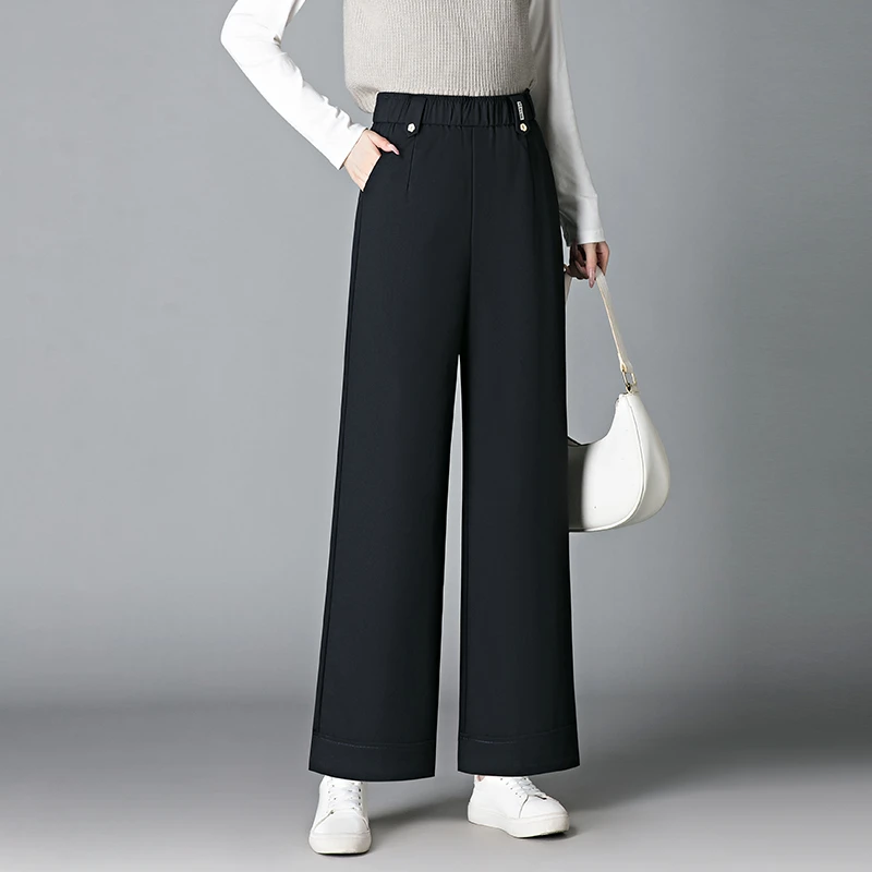 松紧高腰宽松阔腿裤女2025新款秋季显瘦垂感小个子九分直筒休闲裤