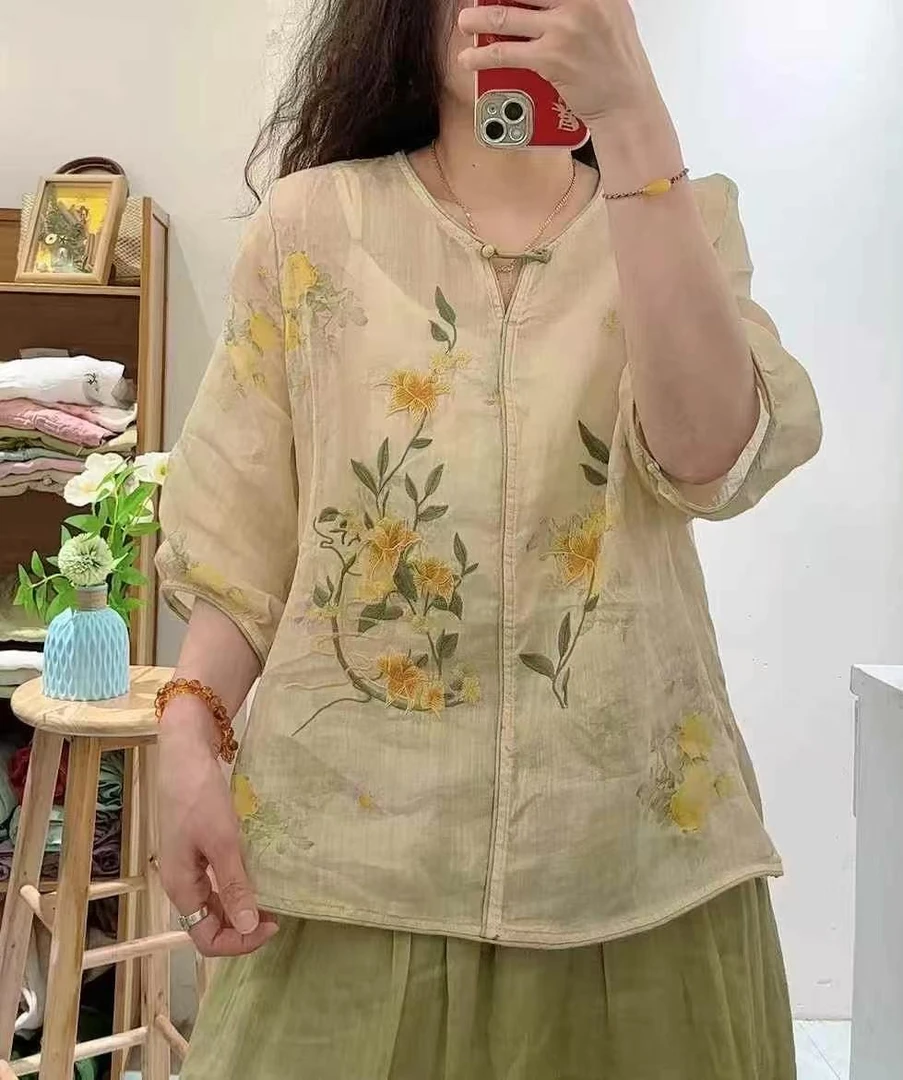 【盛涵】夏苎麻印花中国风圆领对襟重工刺绣复古时尚百搭上衣小衫女