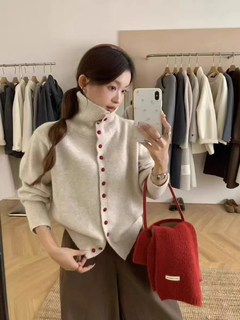 韩系撞色纽扣软糯毛衣外套女冬季外穿针织开衫高领上衣高级感ins