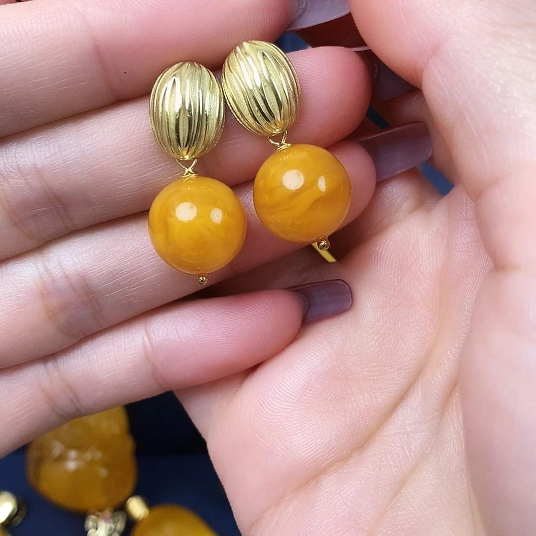 蜜蜡银S925镀金镶嵌耳饰