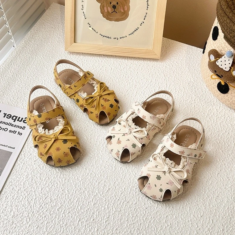 21-30女童包头凉鞋夏季小碎花公主鞋韩版小童蝴蝶结洛丽塔花边X21
