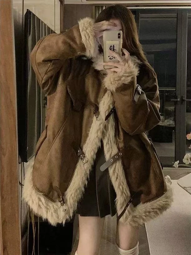 秋冬韩版慵懒风复古百搭休闲外套重工设计感拼接毛领宽松显瘦棉服