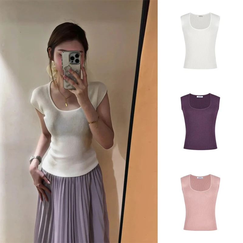 Moses Queen/魔西女王简约U型领小飞袖针织短袖设计感收腰上衣