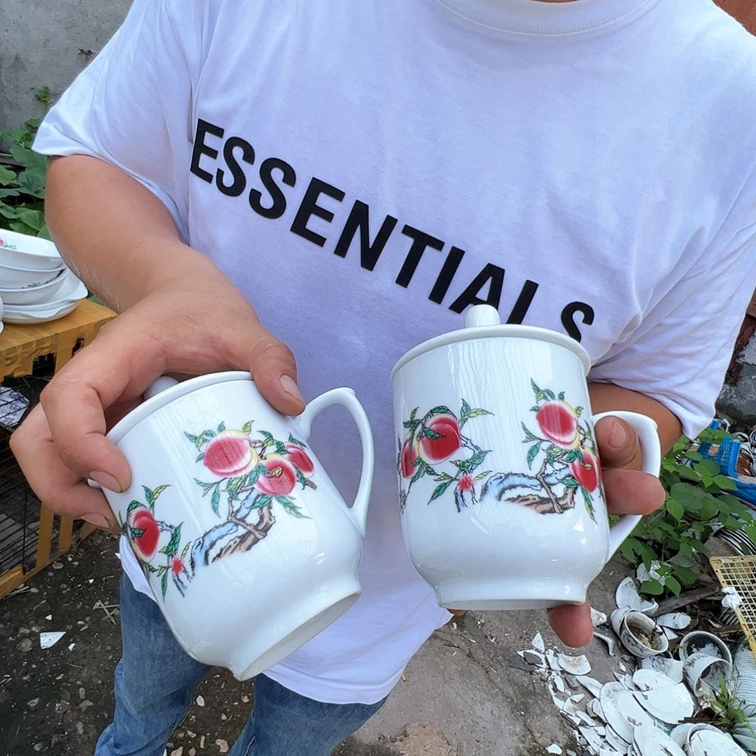 瓷片景德镇陶瓷粉桃办公杯2只