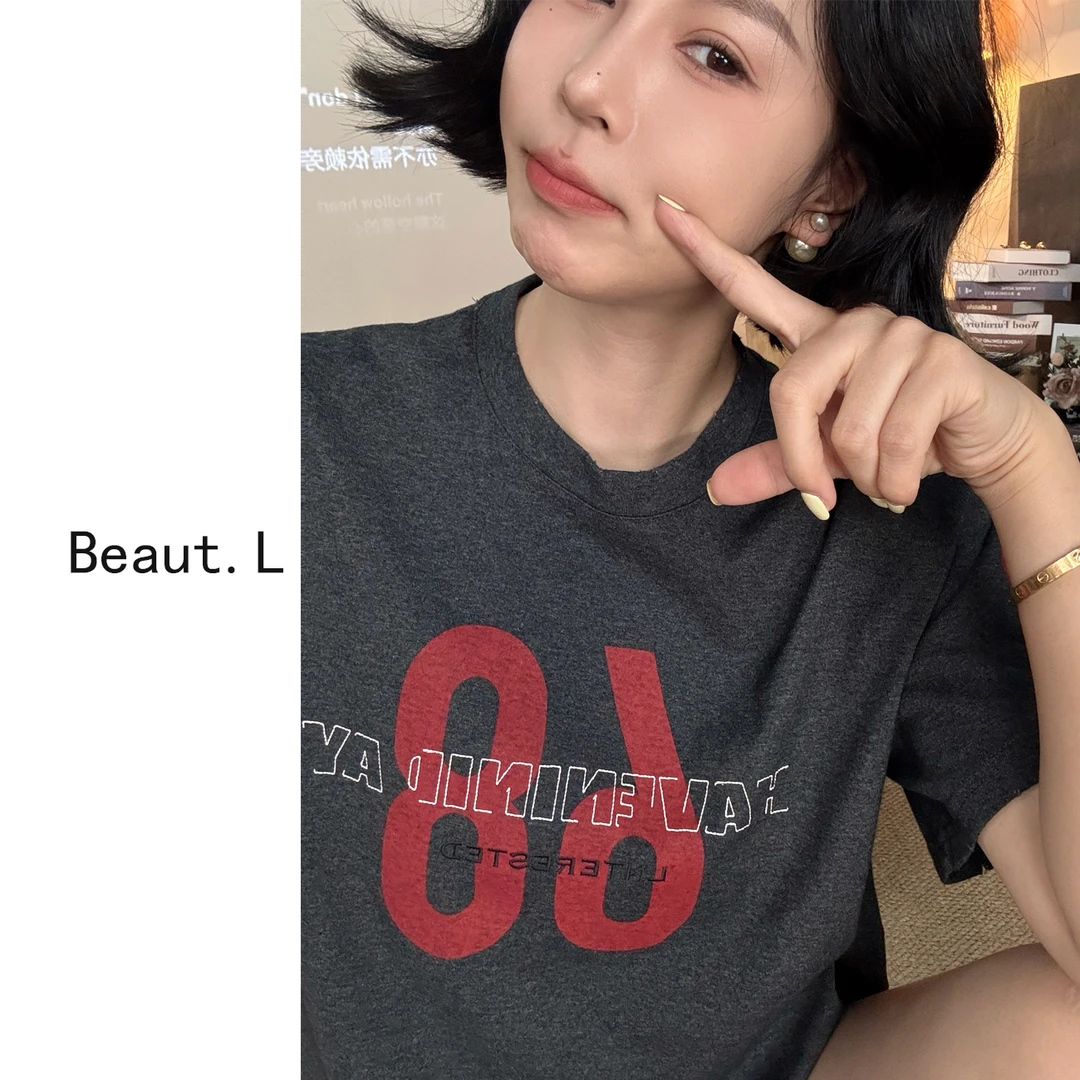 【Beaut.L】68印花T 洗水磨破显瘦纯棉夏季百搭显瘦 宽松圆领时尚