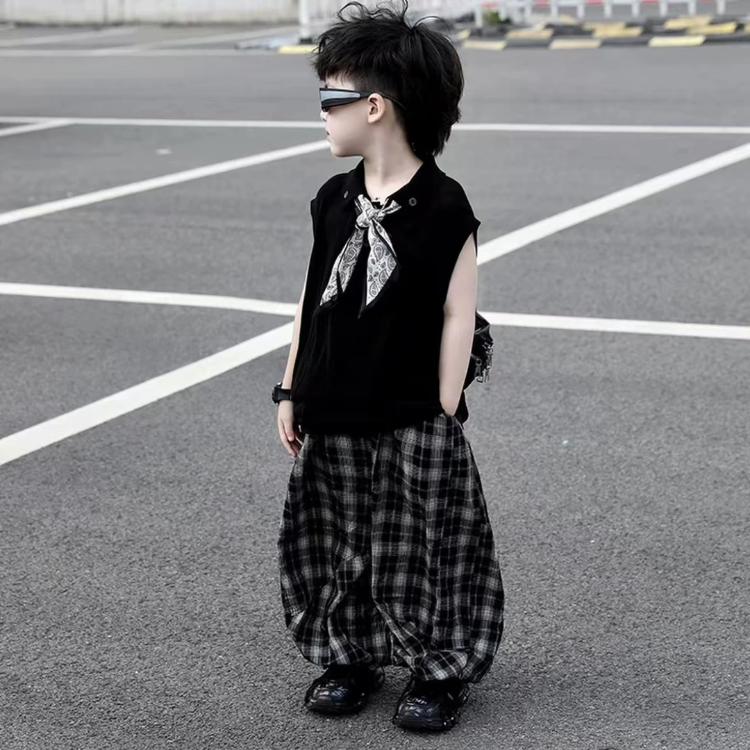 童装夏季新款儿童时尚翻领无袖背心针织衫套装薄款格子休闲防蚊裤