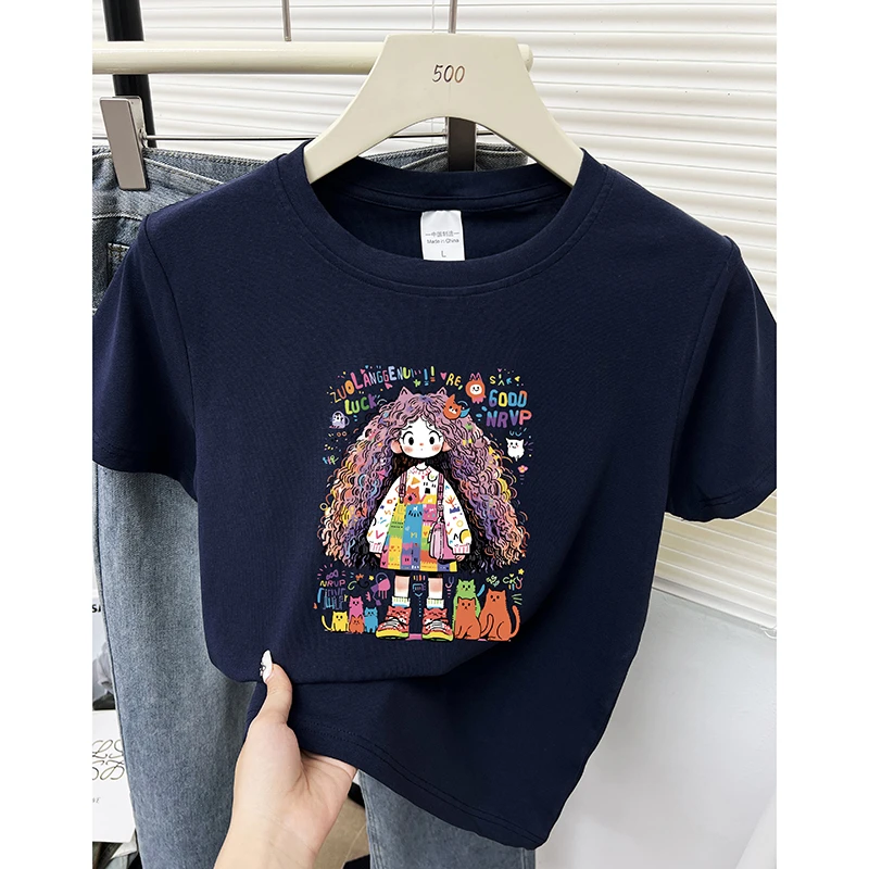 2025新款小个子减龄印花正肩短袖t恤女装设计感上衣ins内搭打底衫