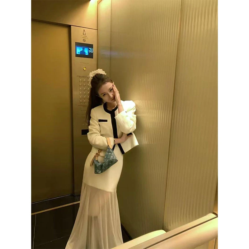 法式白色拼接网纱设计感吊带连衣裙女外搭小香风长袖外套两件套装