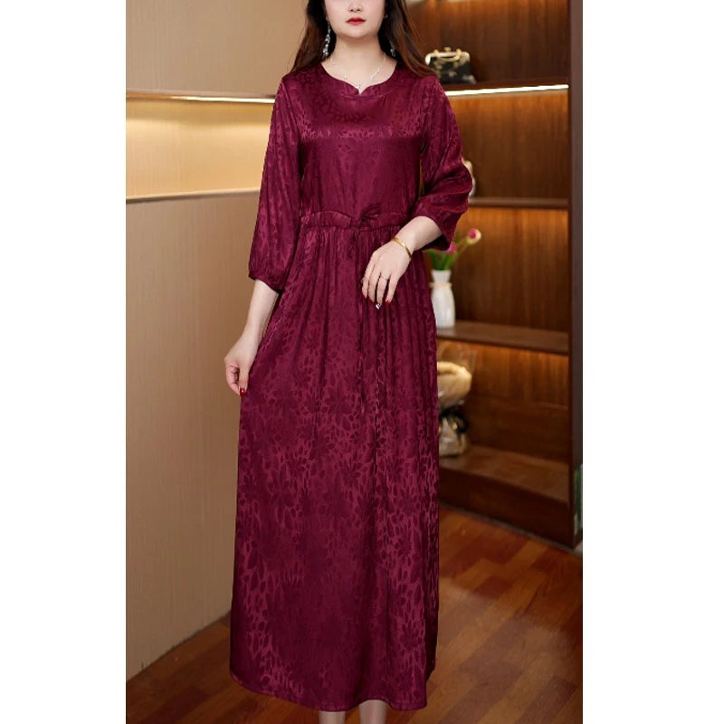 [半圆领玫红]新款百搭显瘦连衣裙女中长款453