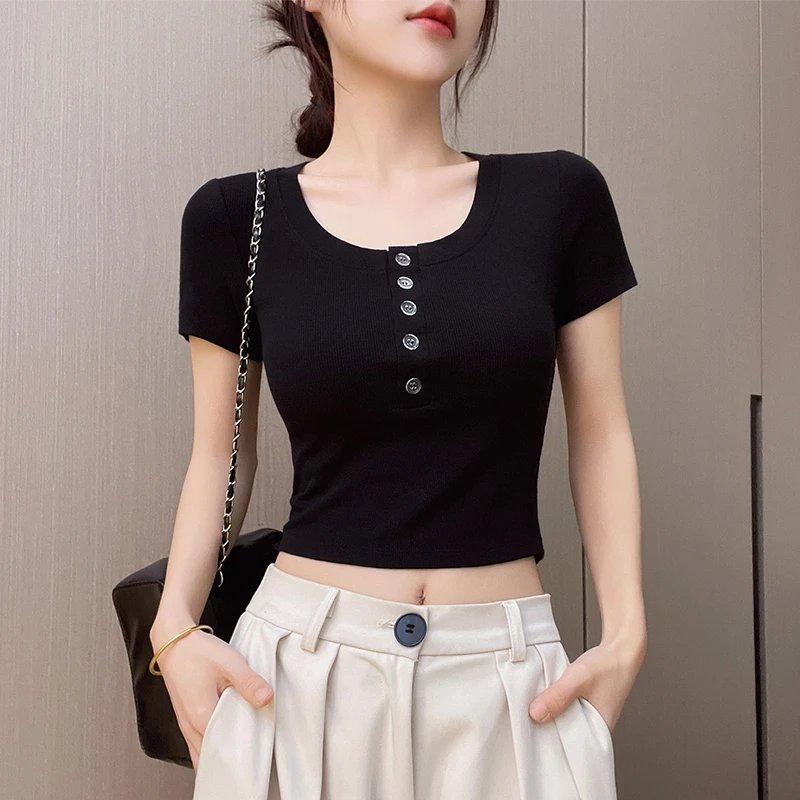 黑色短袖t恤女2025夏季新款圆领正肩打底设计感针织半袖露脐上衣