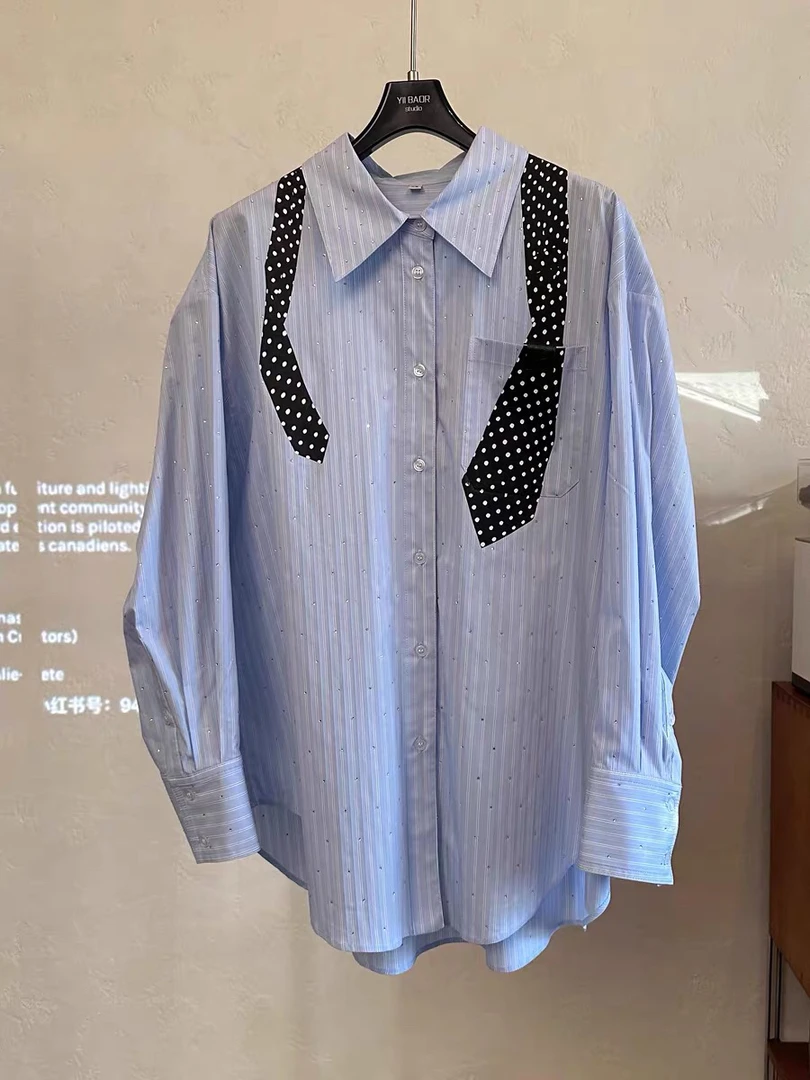 春季女新品设计师款趣味波点领带印花衬衫