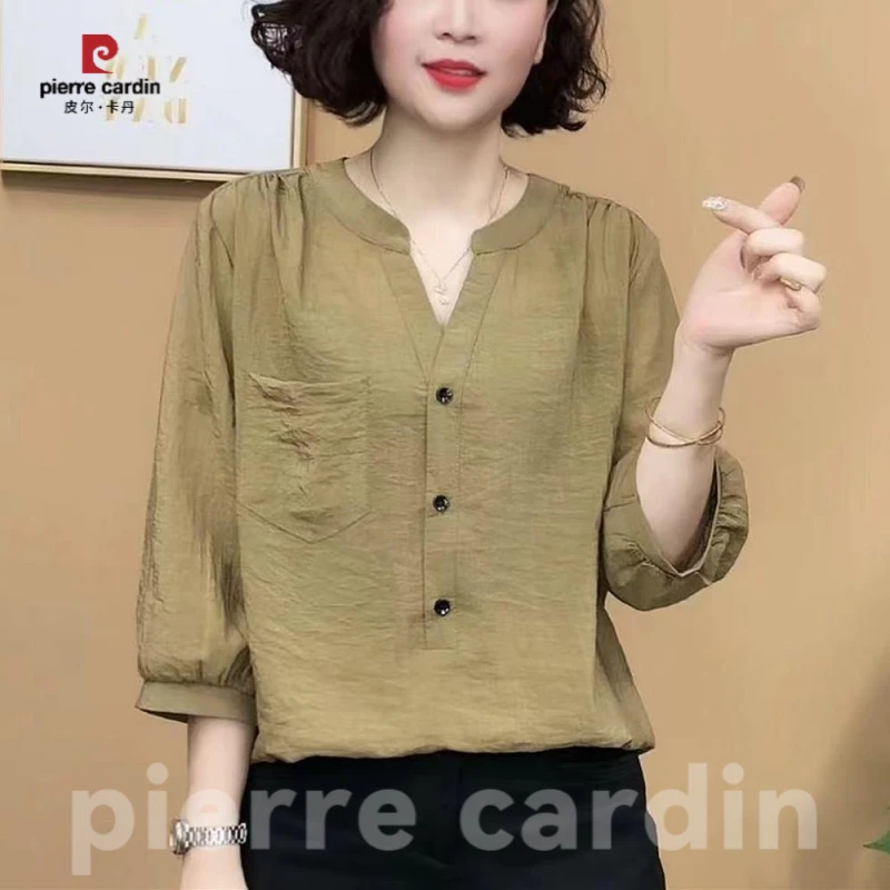 皮尔卡丹中袖小立领V领系扣薄款乐艳纯色休闲套头减龄中年女百搭