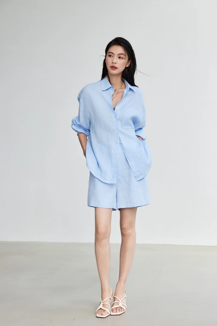 Sue.m老钱风极简100%雨露亚麻松紧腰短裤显瘦时尚设计感短裤