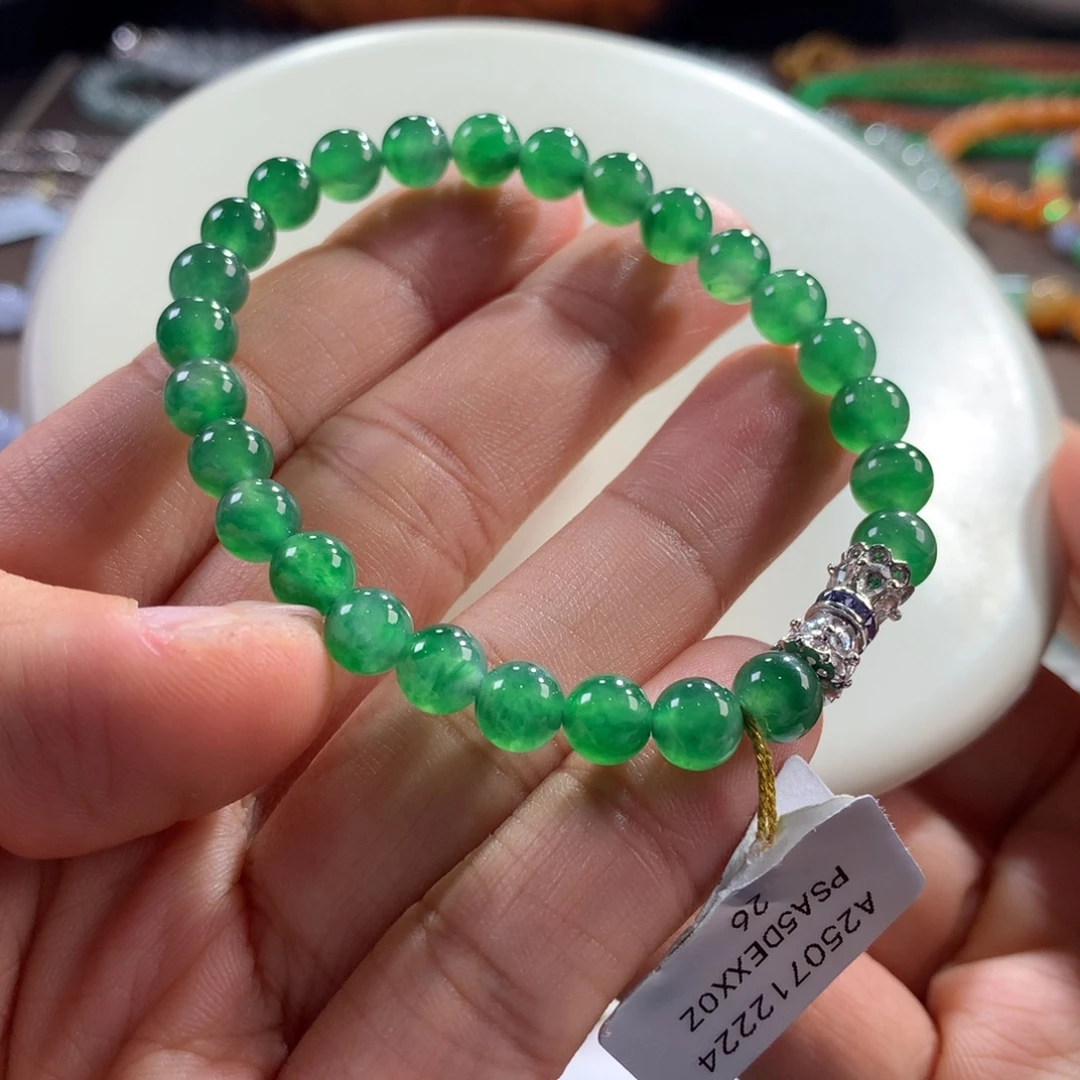 翡翠未镶嵌手链冰胶老种翠浓绿手串 卡6.4