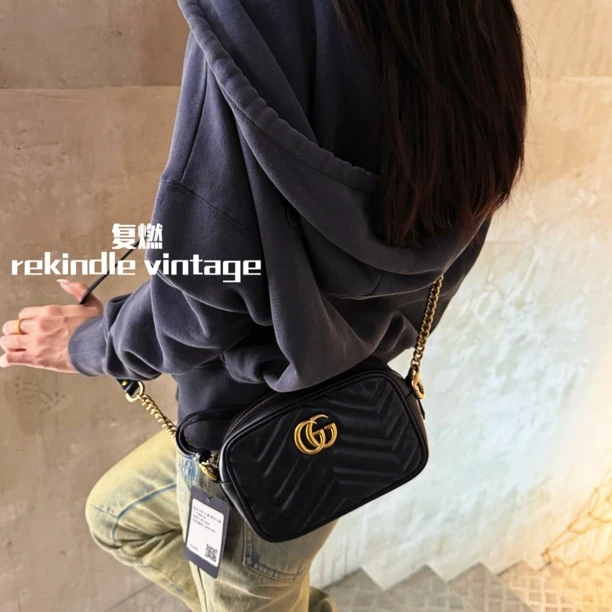 95新 GUCCI/古驰 复燃精选/黑金马蒙小号相机斜挎包
