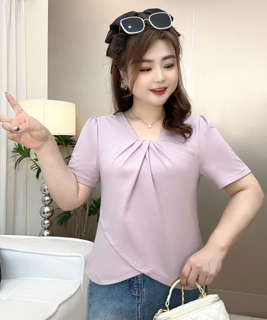 2025新款大码女装夏季百搭高级感V领显瘦纯色小众不规则短袖上衣