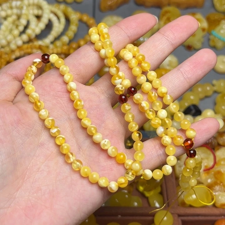 蜜蜡未镶嵌裸石092-金白蜡妖花圆珠108卡5