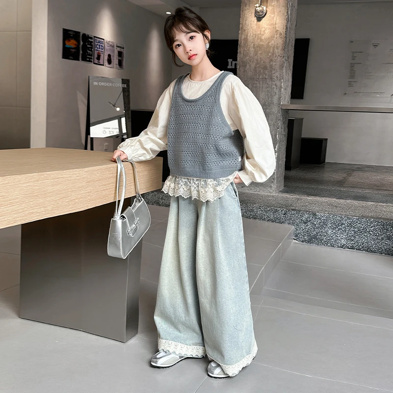 女童2025新款春秋装大童炸街蕾丝上衣牛仔阔腿裤儿童韩系穿搭套装