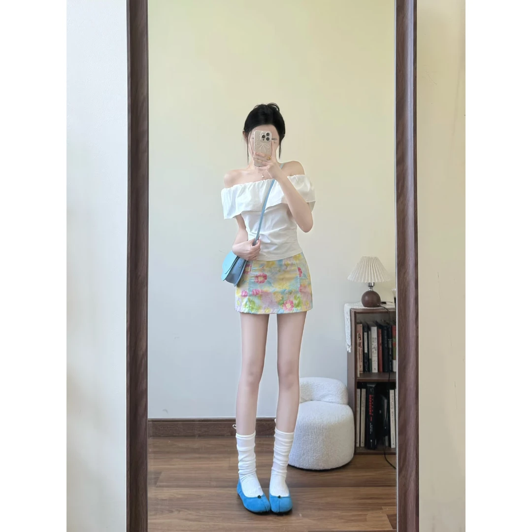 甜美纯欲风荷叶边一字领露肩短袖短款T恤百搭碎花包臀半身裙套装