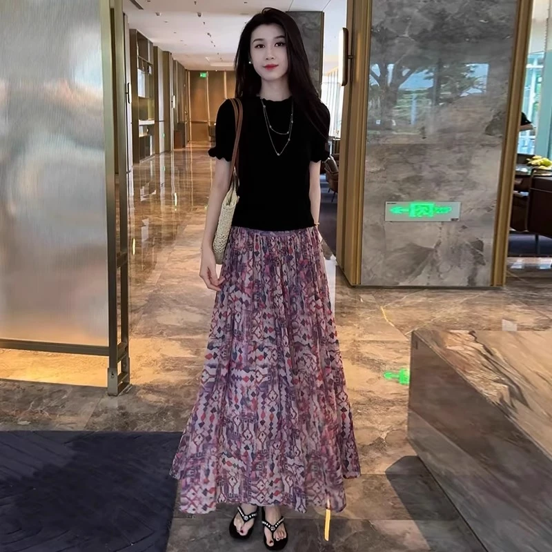 新款时尚套装裙女2025夏季洋气显瘦冰丝针织上衣半身裙气质两件套