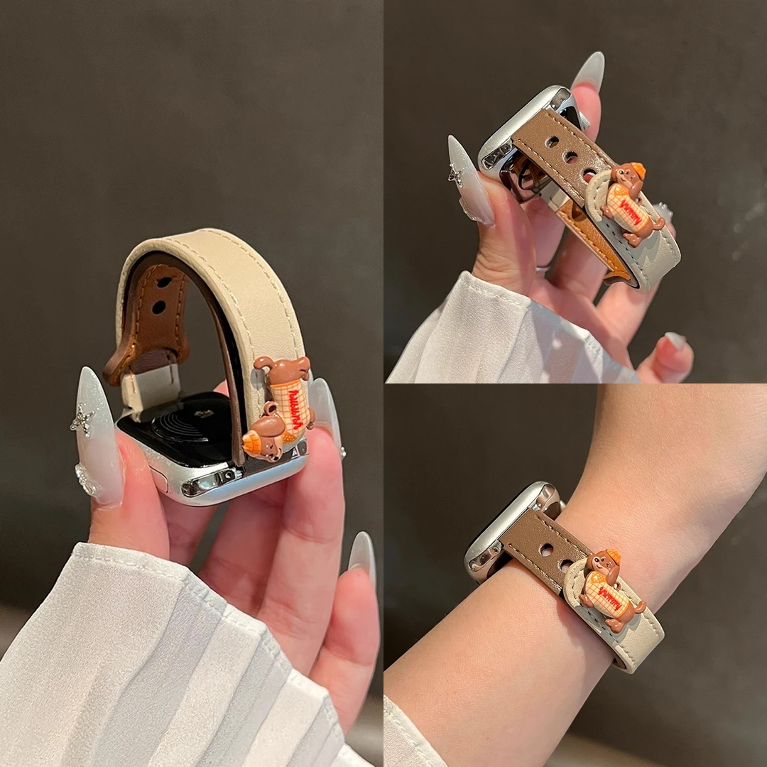 格子衫小狗适用apple watch表带s11皮质iwatch苹果手表表带se3