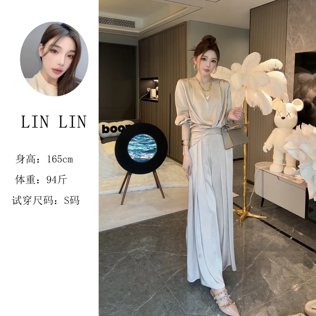 【琳琳】2025夏季新款高级感气质上衣阔腿裤子两件套时尚套装女2815
