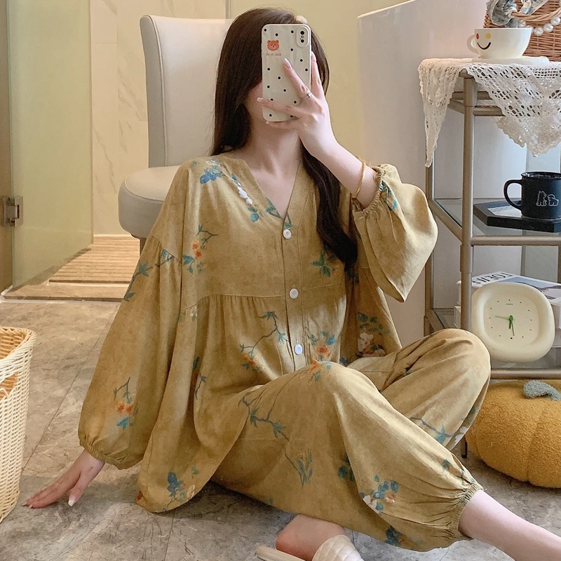 棉绸睡衣女开衫人造棉绵绸九分袖可外穿薄款家居服大码凉感套装