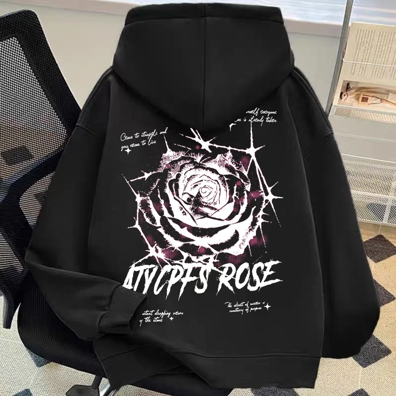 秋冬加绒加厚重磅连帽卫衣欧美慵懒花卉印花外套潮牌新款男装宽松