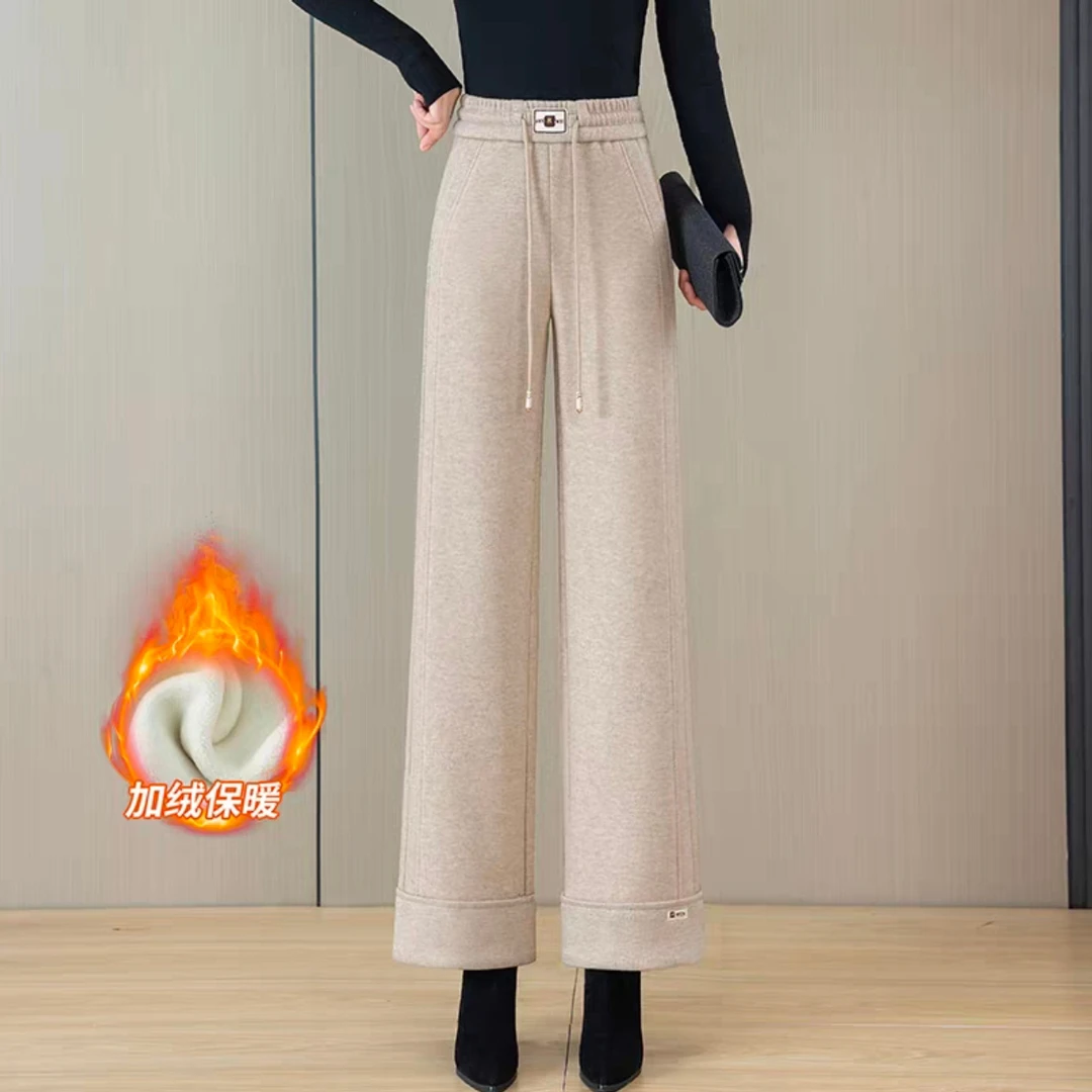 秋冬新款高级感毛呢阔腿裤加绒加厚宽松显瘦窄版直筒裤矮个子穿