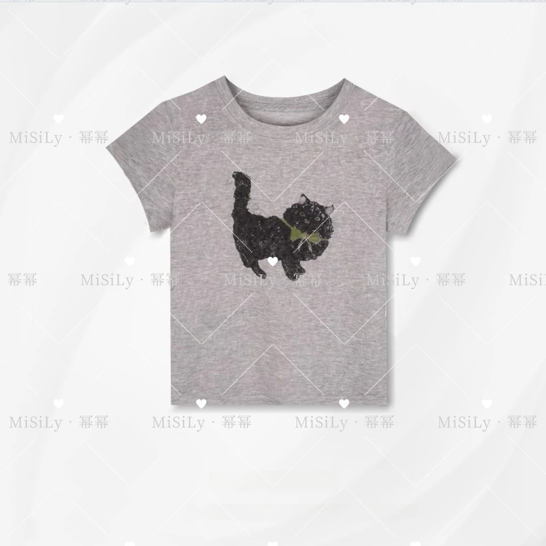 【小黑猫】2025新款小猫印花正肩短袖T恤女薄款夏季修身显瘦上衣