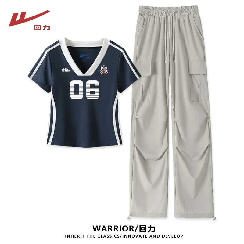 Warrior/回力夏季休闲运动套装女2025新款短款撞色T恤工装裤套装